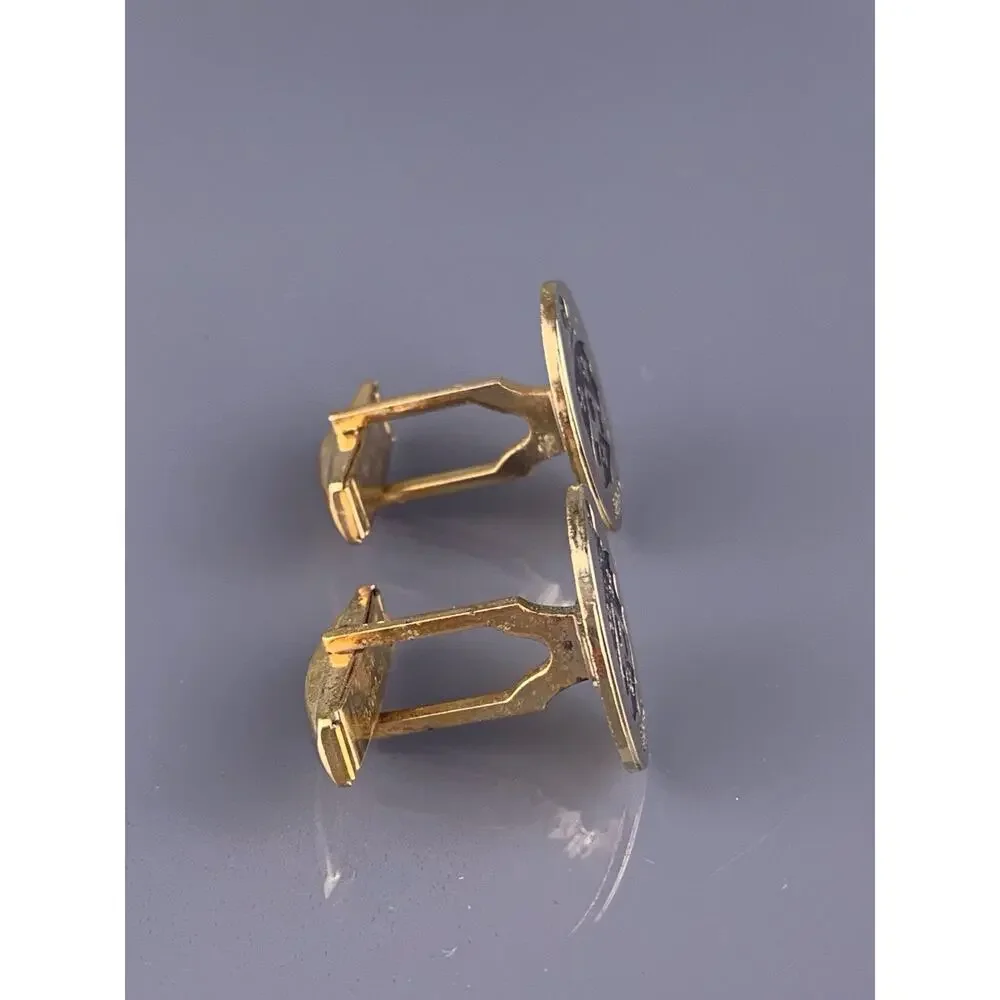 King Family Crest Cufflinks Gold Tone Knight Cross Escallop Heraldic Vintage